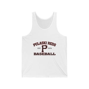 The Printify P Reds Baseball Est. 1978 - Unisex Jersey Tank Volume features a bold red and black "P" with "Est. 1978" on a white vintage-inspired design—perfect for fans seeking classic baseball style in a lightweight jersey tank.