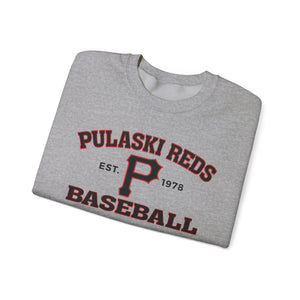 The Printify P Reds Baseball Est. 1978 Unisex Heavy Blend™ Crewneck Sweatshirt features a red and black "P" and vintage team lettering on soft fabric—ideal for fans of classic Pulaski Reds baseball style.
