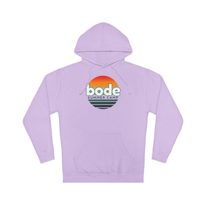 The Printify 2026 Bode Summer Bootcamp — Cali Sunset Hoodie Sweatshirt (SS4500) is a lavender cotton-poly fleece hoodie with a retro "bode summer camp" logo and sunset graphic on the chest plus an adjustable hood.