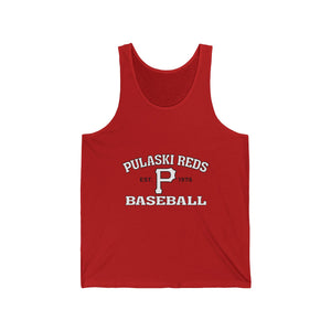 The Printify P Reds Baseball Est. 1978 - Unisex Jersey Tank Volume features "Pulaski Reds Baseball Est. 1978" and a bold white "P" on the front, made from lightweight jersey fabric for comfort.