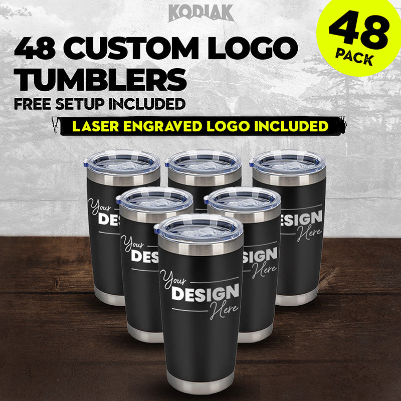 Five Kodiak Coolers 20 oz tumblers with custom logos are shown on wood. SPECIAL OFFER: $14.99 each for a 48-pack, includes free setup and laser engraving—ideal branded promotional mugs!.