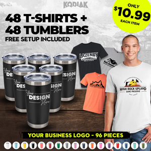 Ad displays a pack of 48 Gildan Heavy 100% Cotton Custom T-Shirts (Gildan 5000) with your screen printed logo for $10.99 each, free setup included. A smiling person wears a sample tee showcasing your company branding.