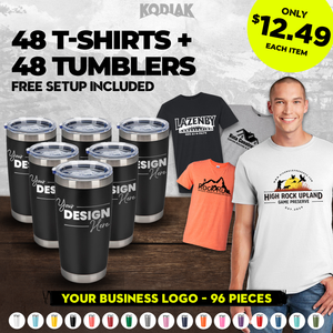 Promotional offer: Get 48 Gildan Heavy 100% Cotton Custom T-Shirts (Gildan 5000) with your logo, plus 48 tumblers. Includes a man wearing a logo tee. Priced at $12.49 each.