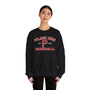 A person models the Printify P Reds Baseball Est. 1978 Unisex Heavy Blend™ Crewneck Sweatshirt, featuring red and white lettering, against a plain white background.