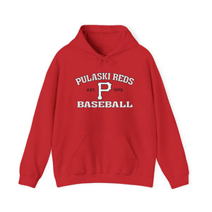 The Pulaski Reds Baseball Est. 1978 - Unisex Heavy Blend™ Hooded Sweatshirt by Printify is a vintage red hoodie with "Pulaski Reds Baseball Est. 1978" and a bold white "P" on the front—perfect for any fan.