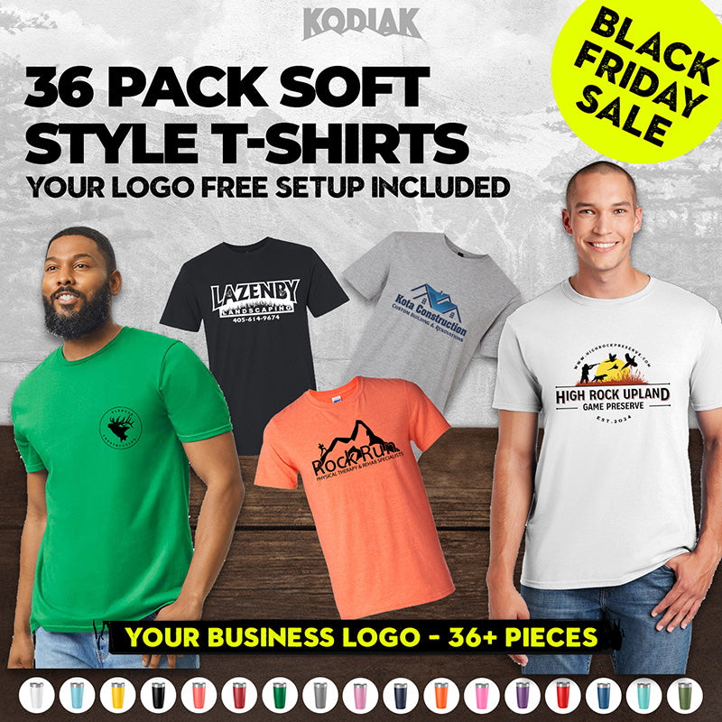 Four people model assorted Gildan 64000 Softstyle® T-Shirts in various colors, featuring custom screen-printed logos. Get a pack of 36 with free logo setup included for Black Friday. Brand: Gildan.
