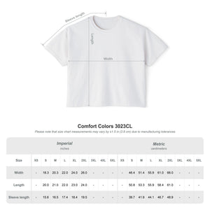 The Printify 2026 Bode Summer Bootcamp - Cali Sunset Logo Crop T-Shirt (3023CL) is a soft, ring-spun cotton crop top with arrows showing width, length, and sleeve on a boxy fit. Size chart for XS-4XL in inches/cm is below.