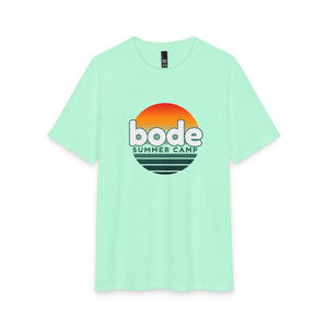 The Printify 2026 Bode Summer Bootcamp - Cali Sunset T-Shirt (DM130 Tri Blend) features a light green hue, orange gradient sunset graphic, and "bode SUMMER CAMP" text. Lightweight fabric ensures breathable comfort—ideal for summer days.