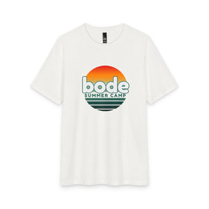 Stay cool in the Printify 2026 Bode Summer Bootcamp - Cali Sunset T-Shirt, featuring a retro sunset design with "bode SUMMER CAMP" in green and orange on soft, breathable DM130 tri blend. Perfect for summer days.