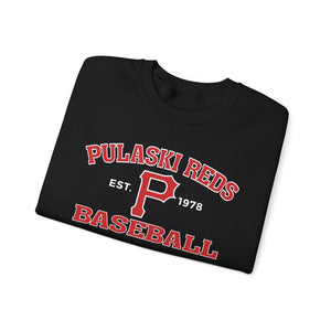The Printify P Reds Baseball Est. 1978 Unisex Heavy Blend™ Crewneck Sweatshirt features "Pulaski Reds Baseball" and "Est. 1978" in red and white text with a large "P" center on soft cotton blend fabric for a classic vintage look.