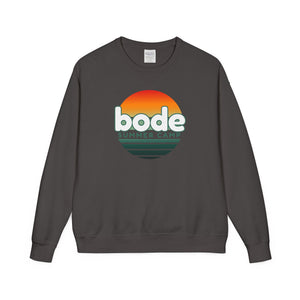 The Printify 2026 Bode Summer Bootcamp Crewneck Sweatshirt GDH400 is a dark gray, garment-dyed fleece featuring a circular sunset graphic and "bode SUMMER CAMP" on the front.
