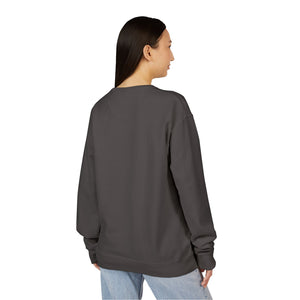 A person with long dark hair is seen from behind wearing the Printify 2026 Bode Summer Bootcamp Crewneck Sweatshirt GDH400 in dark gray and light blue jeans.