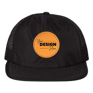 A black Richardson hat with an orange logo made of polyester.