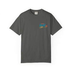 The BODE Summer Camp T-Shirt 2026 by Printify is a dark gray, heavyweight cotton Comfort Colors 1717 tee with a small, colorful "Camp Hope 2026" logo and paw print on the chest, plus durable double-needle stitching for lasting wear.