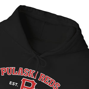 The Printify P Reds Baseball Est. 1978 Unisex Heavy Blend™ Hoodie features "PULASKI REDS" in red and white with a large red "R" and "EST." below—ideal for fans wanting a customizable Pulaski Reds baseball sweatshirt.