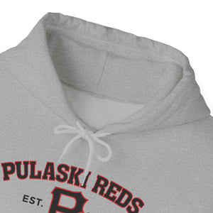 Close-up of a Printify Pulaski Reds Baseball Est. 1978 Unisex Heavy Blend™ Hooded Sweatshirt—a light gray vintage hoodie with white drawstrings and "Pulaski Reds" and "Est. 1978" in red and black on the chest.
