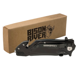 A Custom Laser Engraved Bison River 4 1/2" Rescue Knife, ideal for corporate gifts or promotions, is shown beside a brown box featuring the Bison River logo and text on a white background.