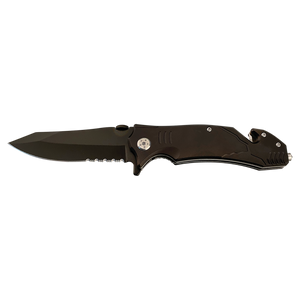 The Bison River Custom Laser Engraved 4 1/2" Rescue Knife features a black matte finish, partially serrated blade, and folds compactly. Perfect for corporate gifts or promos, it can be personalized with laser engraving. Shown open on a white background.