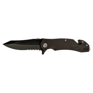 The Bison River Custom Laser Engraved 4 1/2" Rescue Knife features a partially serrated blade, glass breaker tip, and seatbelt cutter—perfect as a branded corporate gift or for promotional giveaways.