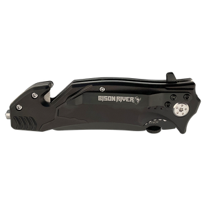 The Custom Laser Engraved Bison River 4 1/2" Rescue Knife features a black folding design with "BISON RIVER" on the handle, shown closed on a white background—ideal for corporate gifts or promotional giveaways.