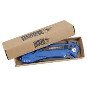 The Custom Laser Engraved Bison River 4 1/2" Rescue Knife, shown partially open in a brown box with the Bison River logo, makes an ideal corporate gift.
