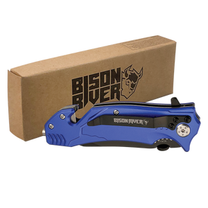 The Custom Laser Engraved Bison River 4 1/2" Rescue Knife, shown closed in blue beside a branded box, is ideal for corporate gifts or promotional giveaways.