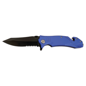 The Custom Laser Engraved Bison River 4 1/2" Rescue Knife by Bison River features a black partially serrated blade and blue handle—perfect for promotional giveaways or corporate gifts, shown fully open against a white background.