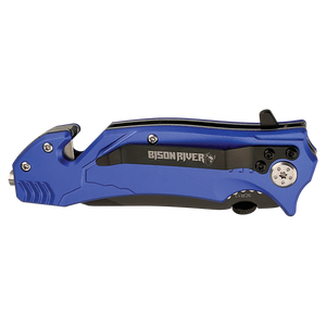 The Custom Laser Engraved Bison River 4 1/2" Rescue Knife features a closed blue handle, black clip, and partially serrated blade—ideal for corporate gifts or promotional giveaways.