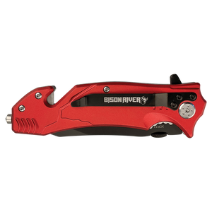 The Bison River Custom Laser Engraved 4 1/2" Rescue Knife features a closed red and black design, a glass breaker tip, and is ideal for promotional giveaways or unique corporate gifts.