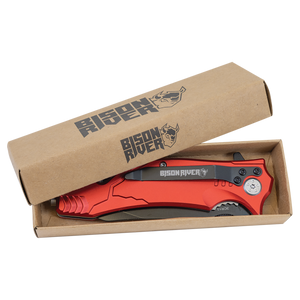 The Custom Laser Engraved Bison River 4 1/2" Rescue Knife, partially opened and presented in a branded brown box, is perfect for corporate gifts or promotional giveaways with personalized laser engraving.