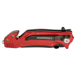 The Bison River Custom Laser Engraved 4 1/2" Rescue Knife features a red folding design, black pocket clip, glass breaker, seatbelt cutter, and is perfect for unique corporate gifts or promotional giveaways.