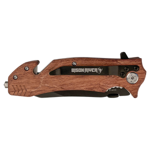 The Bison River Custom Laser Engraved 4 1/2" Rescue Knife features a wooden handle, black metal clip, and glass breaker tip—perfect for corporate gifts or promotional giveaways.