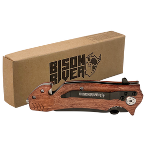 The Custom Laser Engraved Bison River 4 1/2" Rescue Knife features a wooden handle and "Bison River" branding, displayed in front of a brown Bison River box.