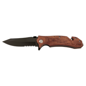 The Bison River Custom Laser Engraved 4 1/2" Rescue Knife features a partially serrated black blade and wooden handle, shown open on a white background—ideal as unique corporate gifts.