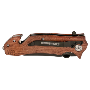 The Custom Laser Engraved Bison River 4 1/2" Rescue Knife features a wooden handle, metal clip, and Bison River branding—perfect for corporate gifts or promotional giveaways. Shown closed, ready for your logo.