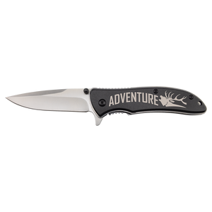 The Bison River Custom Laser Engraved 4 1/4" Everyday Carry Knife features a black handle labeled "ADVENTURE", a deer head image, and is perfect for corporate gifts or promotional giveaways. Shown with the blade open.