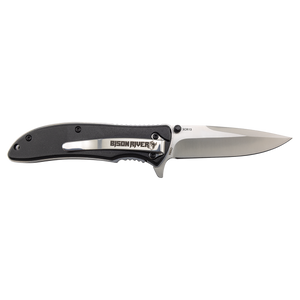 The Custom Laser Engraved Bison River 4 1/4" Everyday Carry Knife features a black handle and silver blade with Bison River branding—perfect for corporate gifts—shown on a plain white background.