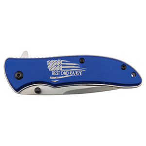 A closed Bison River Custom Laser Engraved 4 1/4" Everyday Carry Knife features "Best Dad Ever" and an American flag design on the handle.