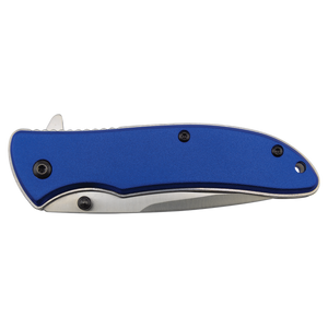 The Bison River Custom Laser Engraved 4 1/4" Everyday Carry Knife with a blue handle and visible screws is shown closed against a white background, ideal for promotional giveaways or corporate gifts.