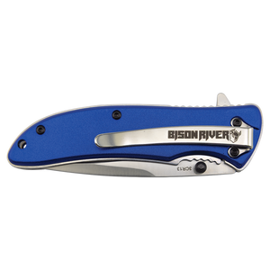 The Custom Laser Engraved Bison River 4 1/4" Everyday Carry Knife features a blue handle, silver clip, and partially visible blade—ideal for personalized corporate gifts.