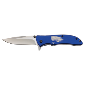 The Bison River Custom Laser Engraved 4 1/4" Everyday Carry Knife features a blue handle with an American flag and "Best Dad Ever"—ideal for personalized corporate gifts or promotional giveaways.