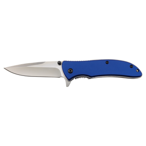 The Bison River Custom Laser Engraved 4 1/4" Everyday Carry Knife features a stainless steel blade and blue handle, shown open on a white background—perfect for promotional giveaways or personalized corporate gifts.