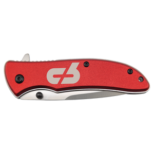 The Bison River Custom Laser Engraved 4 1/4" Everyday Carry Knife features a red handle with black screws and a white logo—perfect for memorable corporate gifts or distinctive promotional giveaways.