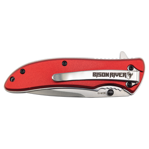 The Custom Laser Engraved Bison River 4 1/4" Everyday Carry Knife features a folded red handle with a silver clip, engraved with "Bison River" and bison logo—ideal for promotional giveaways or corporate gifts, shown on a white background.