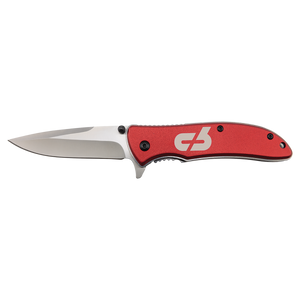 The Bison River Custom Laser Engraved 4 1/4" Everyday Carry Knife features a silver blade and red handle with a white logo, shown on a plain white background—ideal for corporate gifts or promos, with custom engraving available.