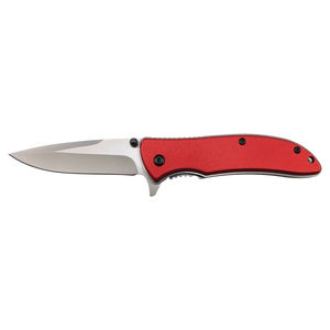 The Bison River Custom Laser Engraved 4 1/4" Everyday Carry Knife features a silver blade and red handle—ideal for corporate gifts or promotional giveaways—shown against a plain white background.