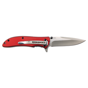 The Custom Laser Engraved Bison River 4 1/4" Everyday Carry Knife features a red handle and stainless steel blade—perfect as a corporate gift or promotional giveaway.