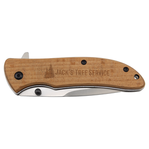 The Bison River Custom Laser Engraved 4 1/4" Everyday Carry Knife features a wooden handle engraved with "JACK'S TREE SERVICE" and a tree logo—ideal as a branded corporate gift or promotional giveaway.