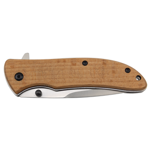 The Bison River Custom Laser Engraved 4 1/4" Everyday Carry Knife features a wooden handle and stainless steel blade—shown closed on a white background—ideal for corporate gifts or promotional giveaways.