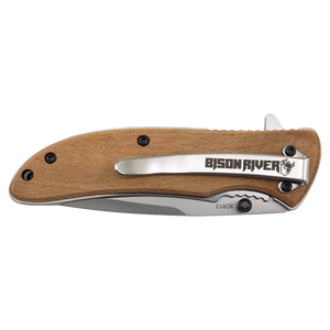 The Custom Laser Engraved Bison River 4 1/4" Everyday Carry Knife features a wood handle, closed blade, and metal clip—ideal for corporate gifts or promotions with your logo custom engraved.